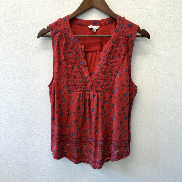 Lucky Brand Smocked Top Womens Size L Red Floral Knit Boho Western Prairie - Picture 1 of 7